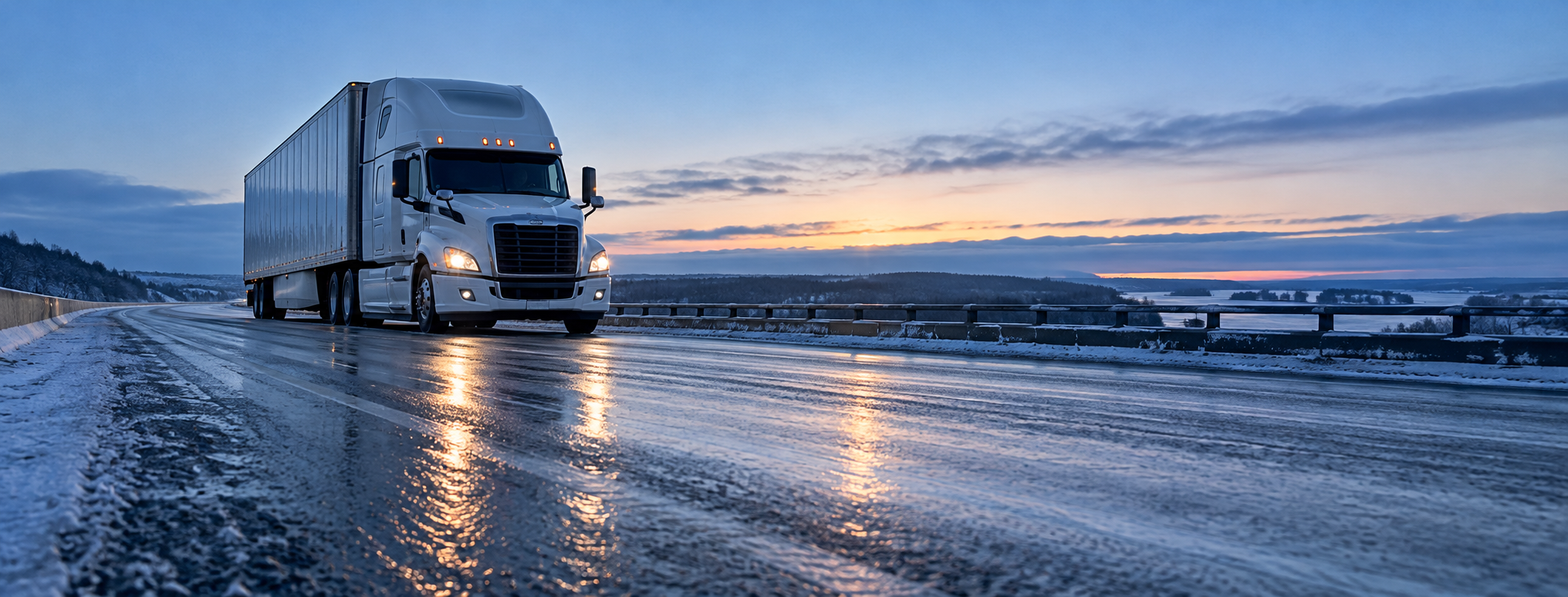 A tractor-trailer traveling carefully over a winter bridge at dawn
